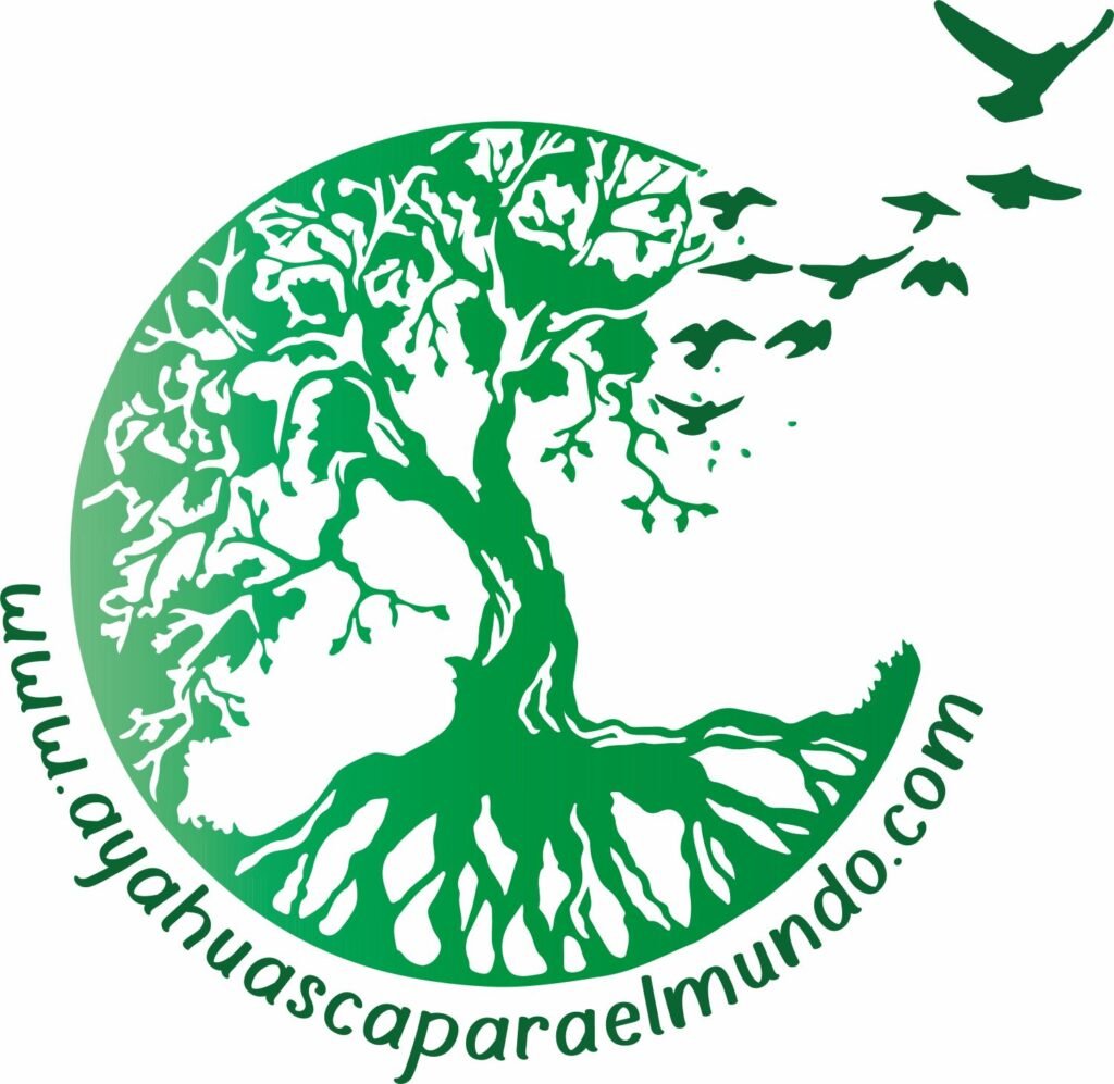 Logotipo blanco oficial de Ayahuasca para el Mundo, árbol sagrado de la vida y aves en la selva.