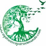 Logotipo blanco oficial de Ayahuasca para el Mundo, árbol sagrado de la vida y aves en la selva.