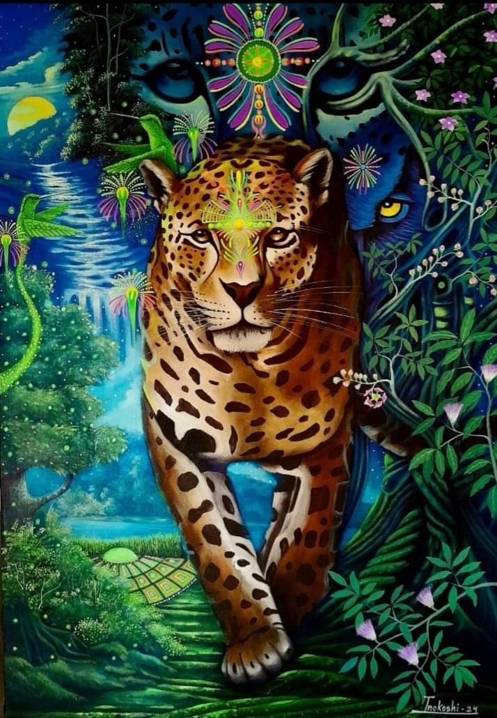 Pintura visionaria del jaguar guardián de la selva y la ayahuasca - Ayahuasca para el Mundo