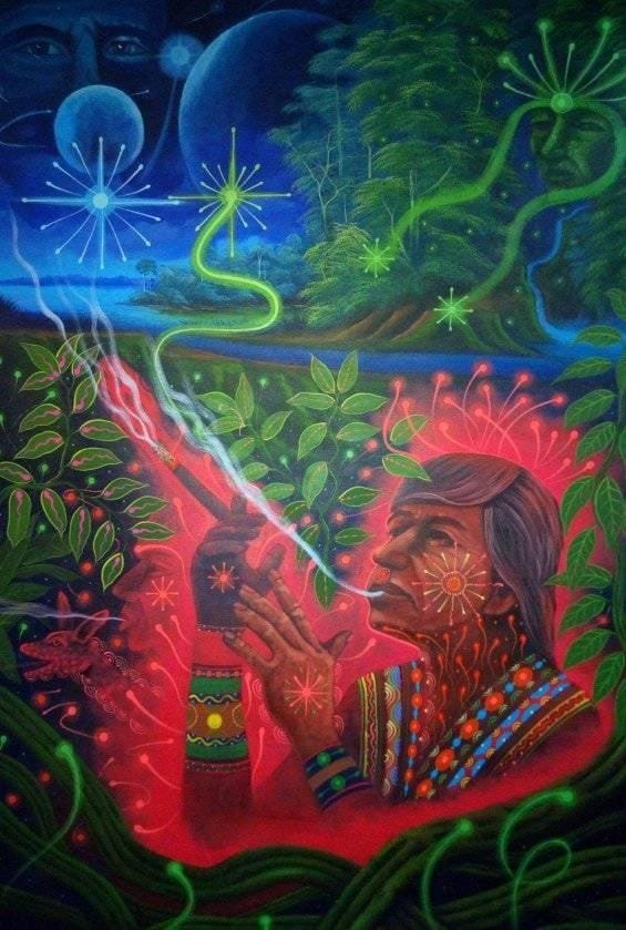 Arte visionario Shipibo-Conibo representando a una mujer y la planta de tabaco Cashimbo. Retiros de Ayahuasca en Pucallpa.